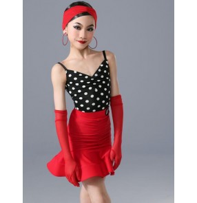 Girls kids black with white polka dot red latin dance dresses ballroom tango latin salsa stage performance costumes for children